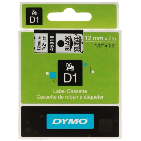 Dymo D1 45010 12 mm x 7 m Svart text / Genomskinlig tejp original tejp (S0720500)