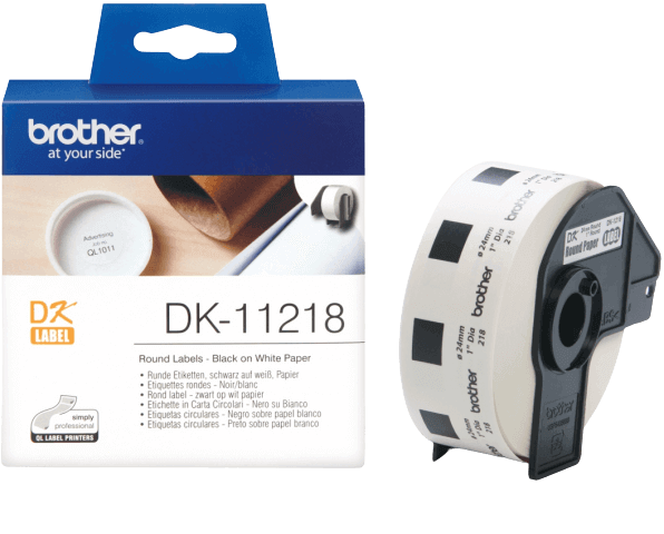 Brother DK11218 Ø24 mm, 1.000 stk. Svart text / Vit tejp original tejp (DK-11218)