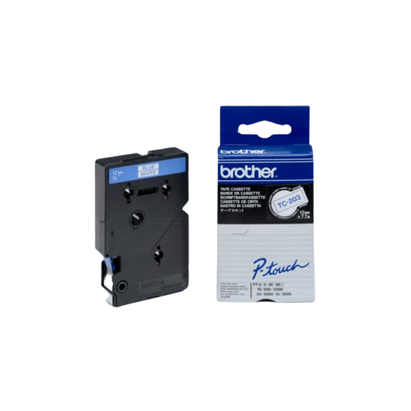 Brother TC203 12 mm x 7,7 m Blå text / Vit tejp original tejp (TC-203)
