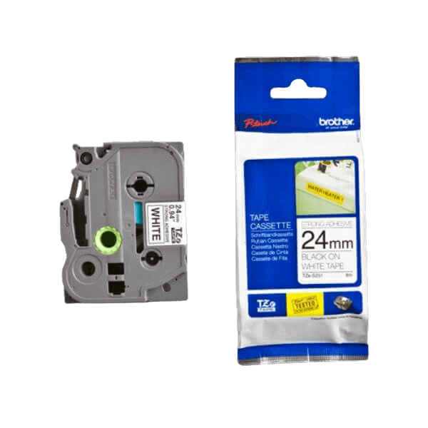 Brother TZe-S251 24 mm x 8 m Svart text / Vit tejp original tejp