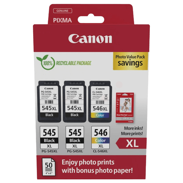 Canon 2x PG-545XL + CL-546XL + Papir CMYK original multipack 2x 15 + 13 ml. (8286B015)