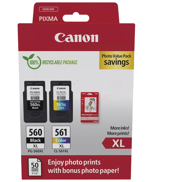 Canon PG-560XL + CL-561XL + Papir CMYK original multipack 14,3 + 12,2 ml. (3712C008)